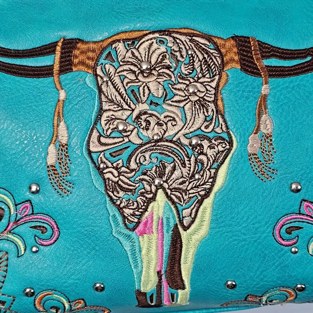 P & G Western Leather Concealed Carry Embroidered Steer Head Purse Handbag